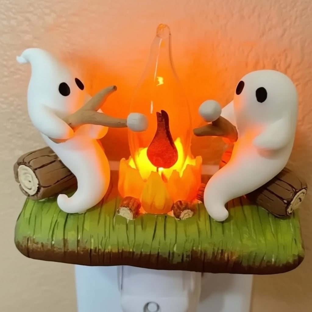 Wtykowa lampka nocna LED z duchem przy ognisku na Halloween - scena z pieczeniem pianki marshmallow