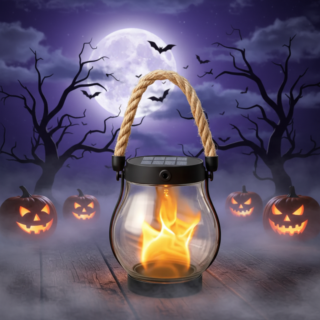 Halloween-stílusú napelemes függőlámpás, pislákoló lánghatással, USB-C-töltéssel