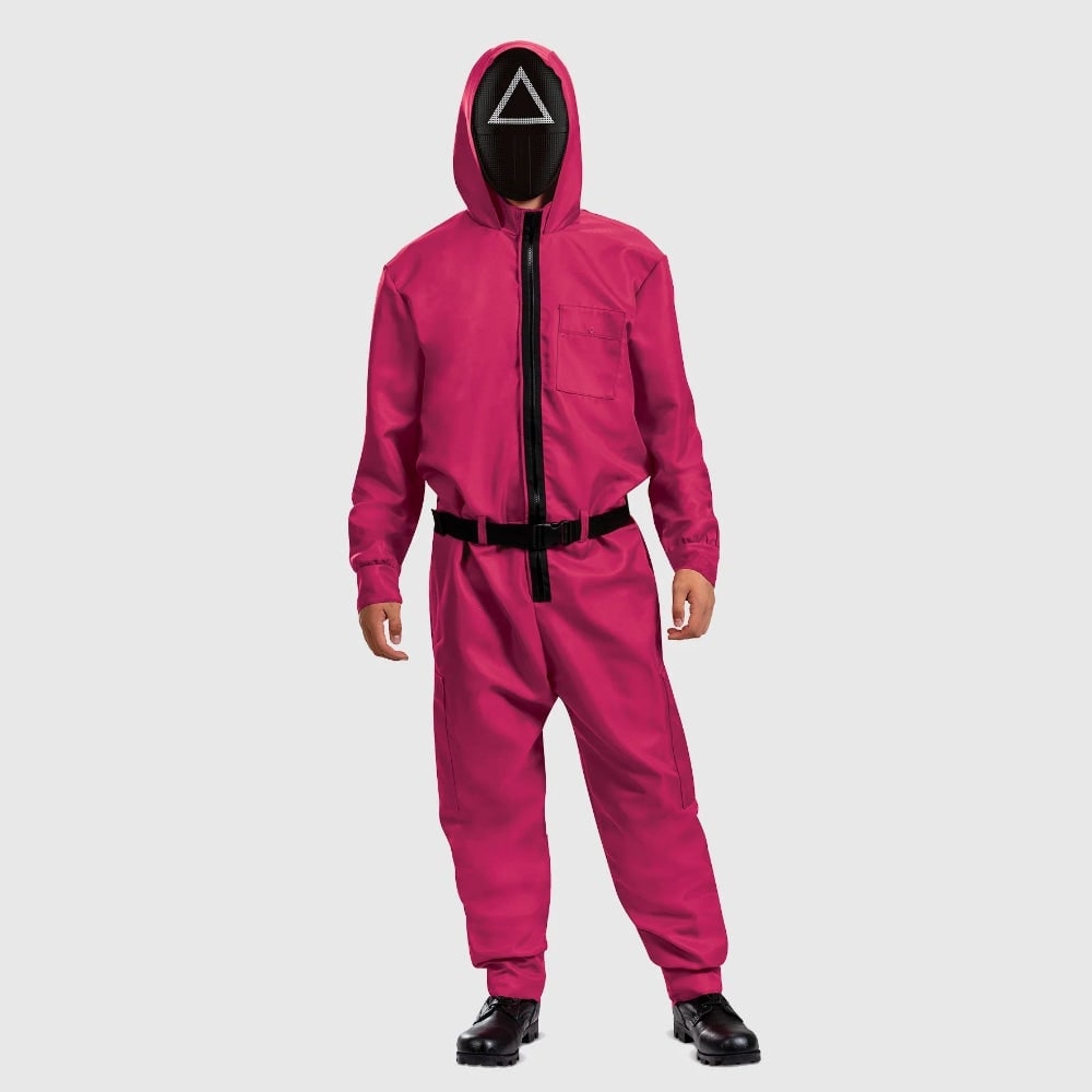 粉色连帽连体裤服装套装，配面具和腰带
