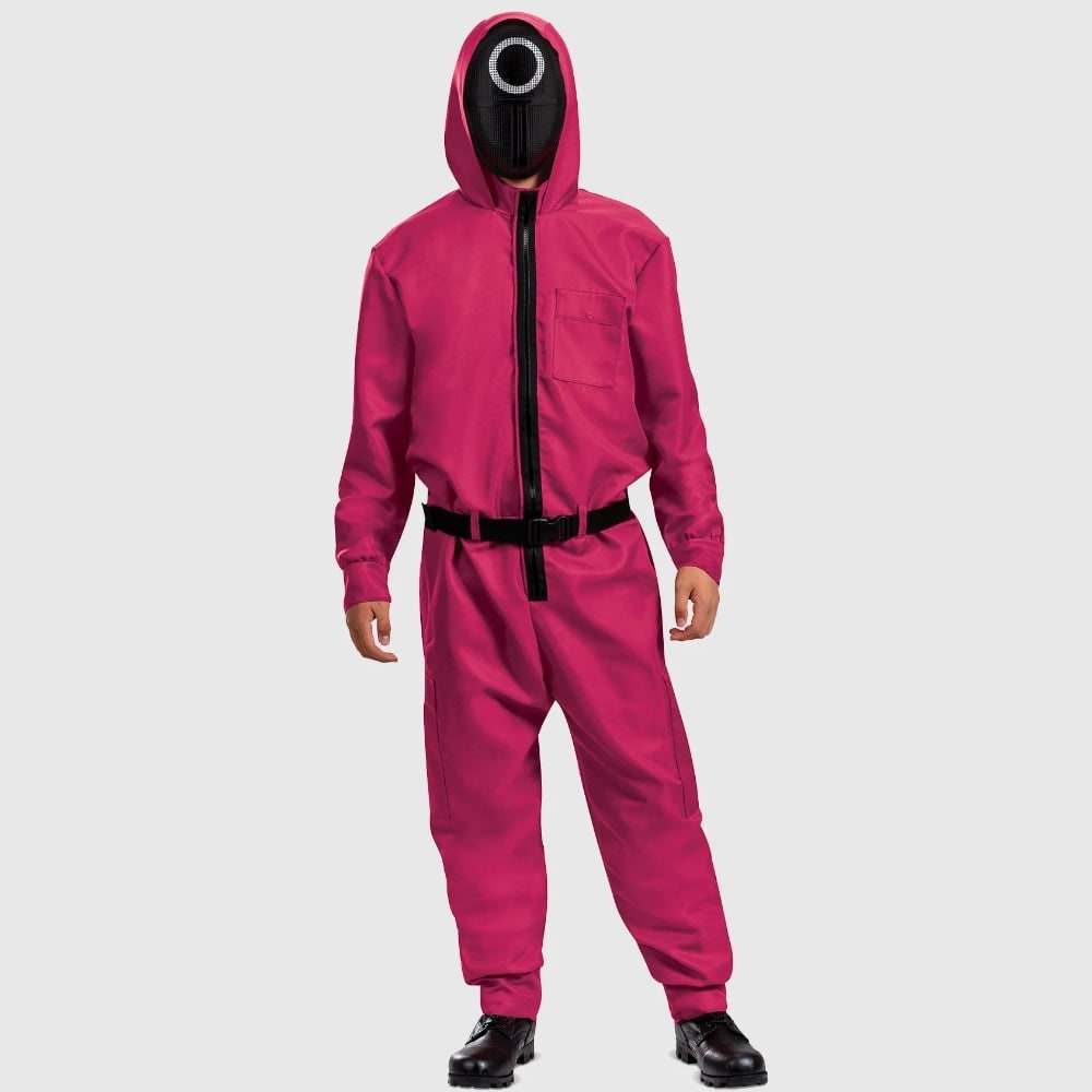 粉色连帽连体裤服装套装，配面具和腰带
