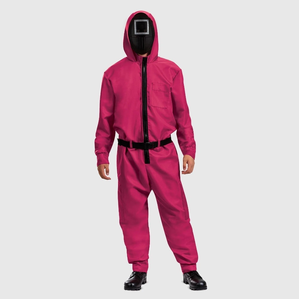 粉色连帽连体裤服装套装，配面具和腰带