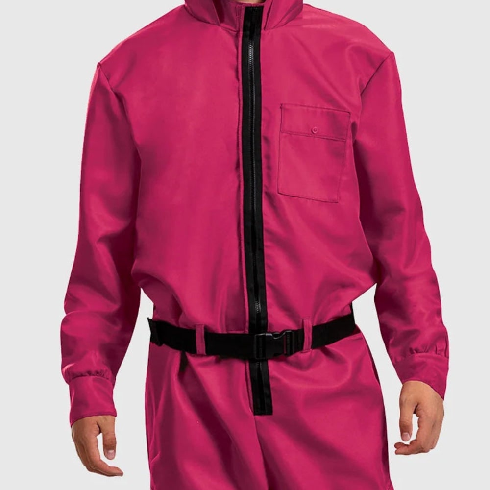 粉色连帽连体裤服装套装，配面具和腰带