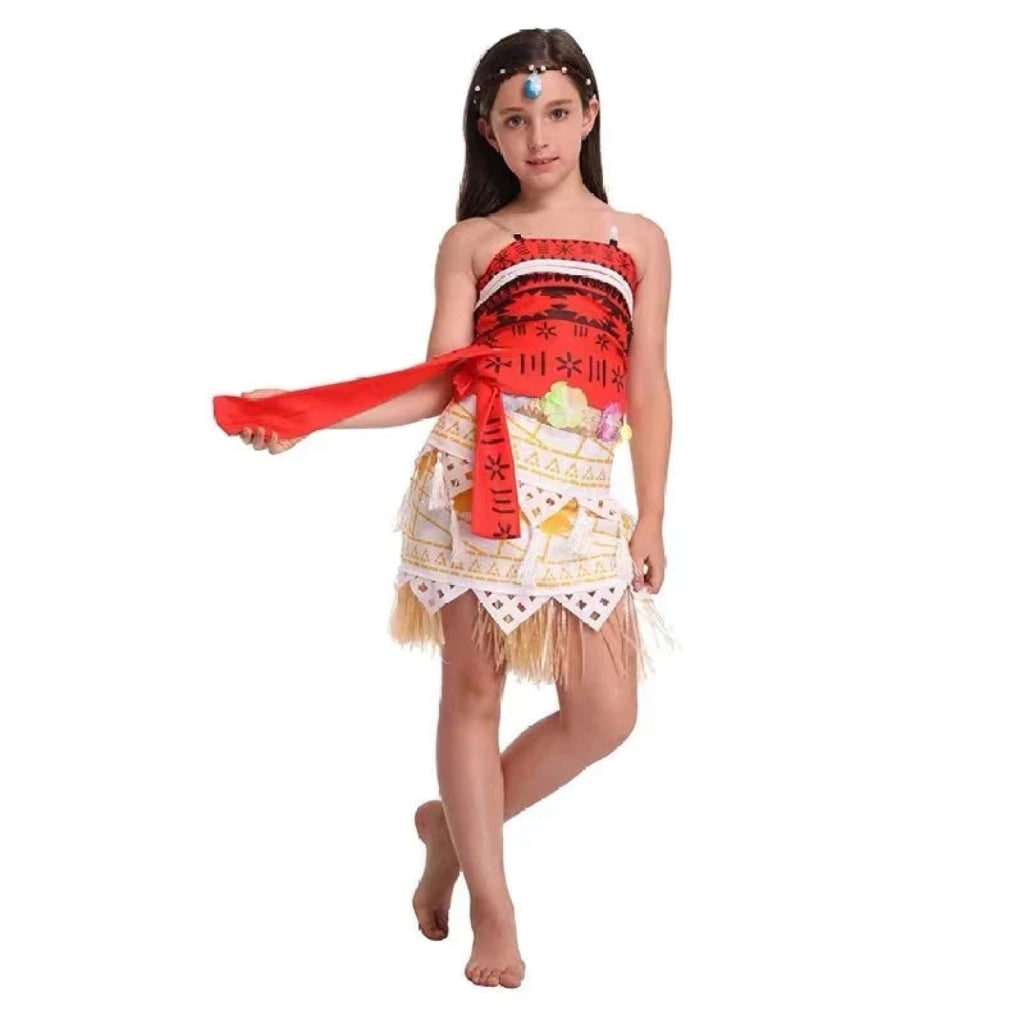 Halloween polinéz hercegnőjelmez — trópusi mintás felső, fűszoknya és medál
