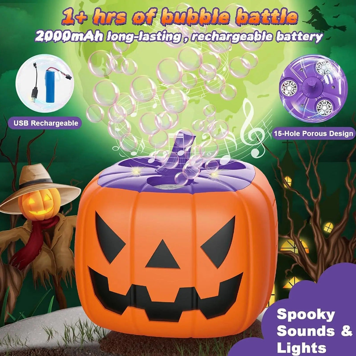 Halloween tökbuborékgép — automatikus fúvóval, LED-fényekkel, 15 lyukú fúvókával