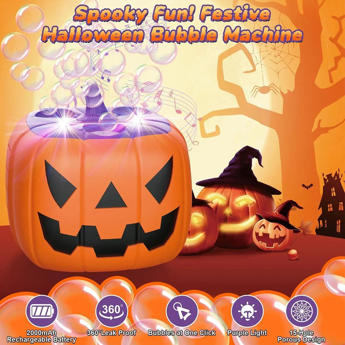 Halloween tökbuborékgép — automatikus fúvóval, LED-fényekkel, 15 lyukú fúvókával