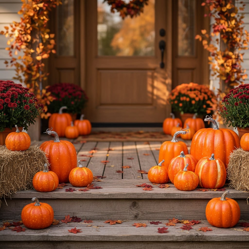 7 Piece Artificial Halloween Pumpkins — Ribbed Foam Texture, Curved Stems