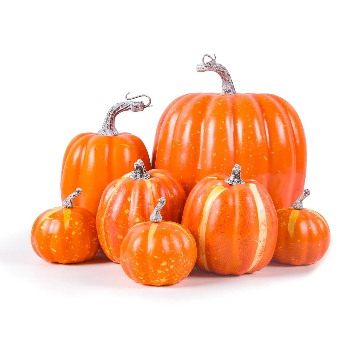 7 Piece Artificial Halloween Pumpkins — Ribbed Foam Texture, Curved Stems