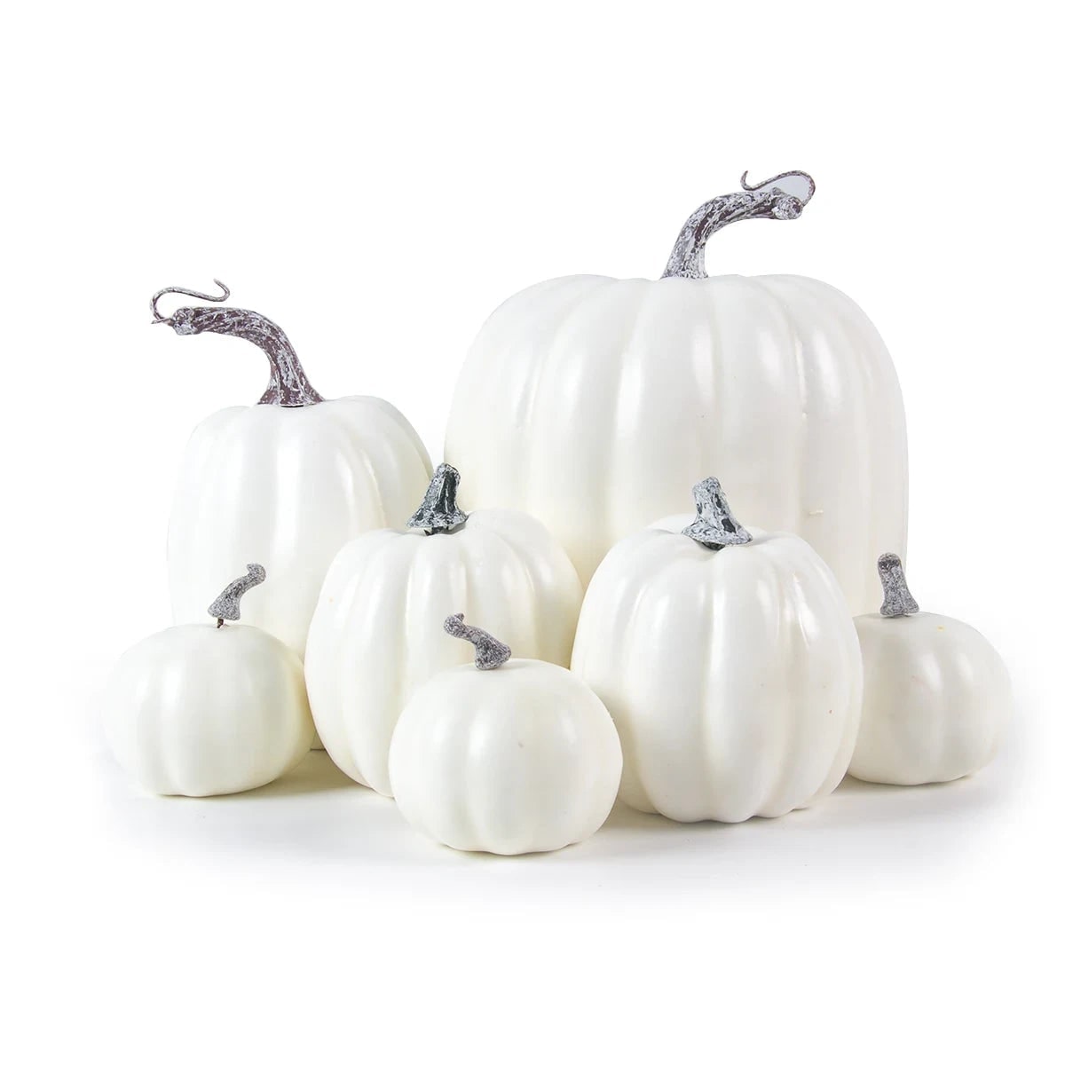 7 Piece Artificial Halloween Pumpkins — Ribbed Foam Texture, Curved Stems