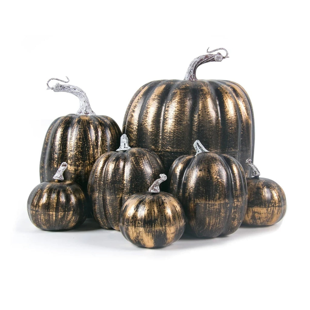 7 Piece Artificial Halloween Pumpkins — Ribbed Foam Texture, Curved Stems