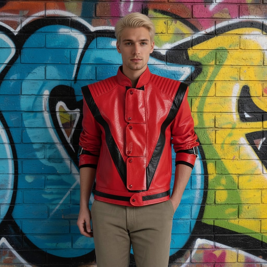 Chaqueta motera de cuero rojo, ribetes negros y detalle de V