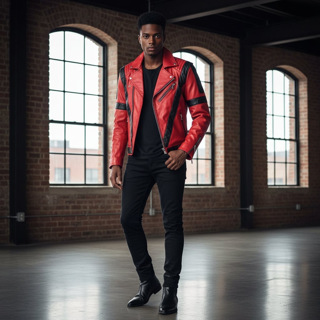 Chaqueta motera de cuero rojo, ribetes negros y detalle de V