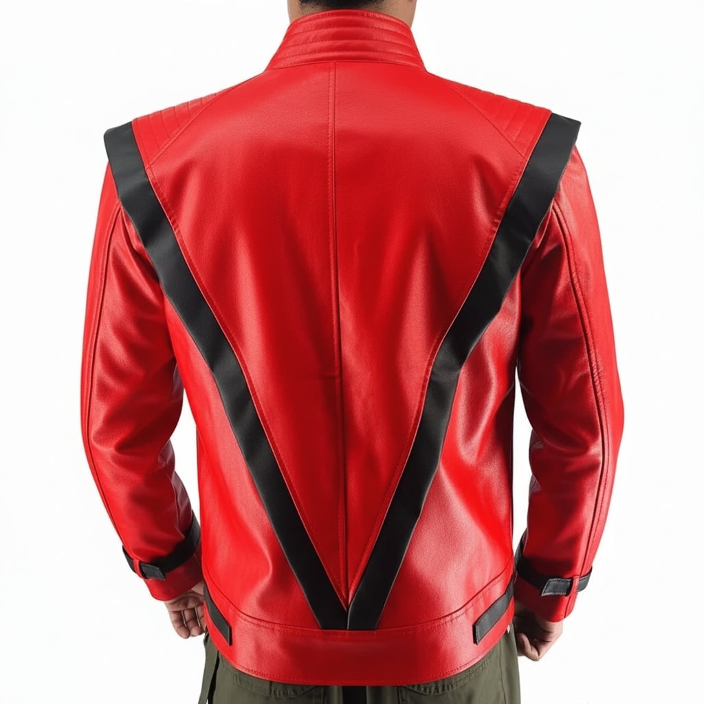 Chaqueta motera de cuero rojo, ribetes negros y detalle de V