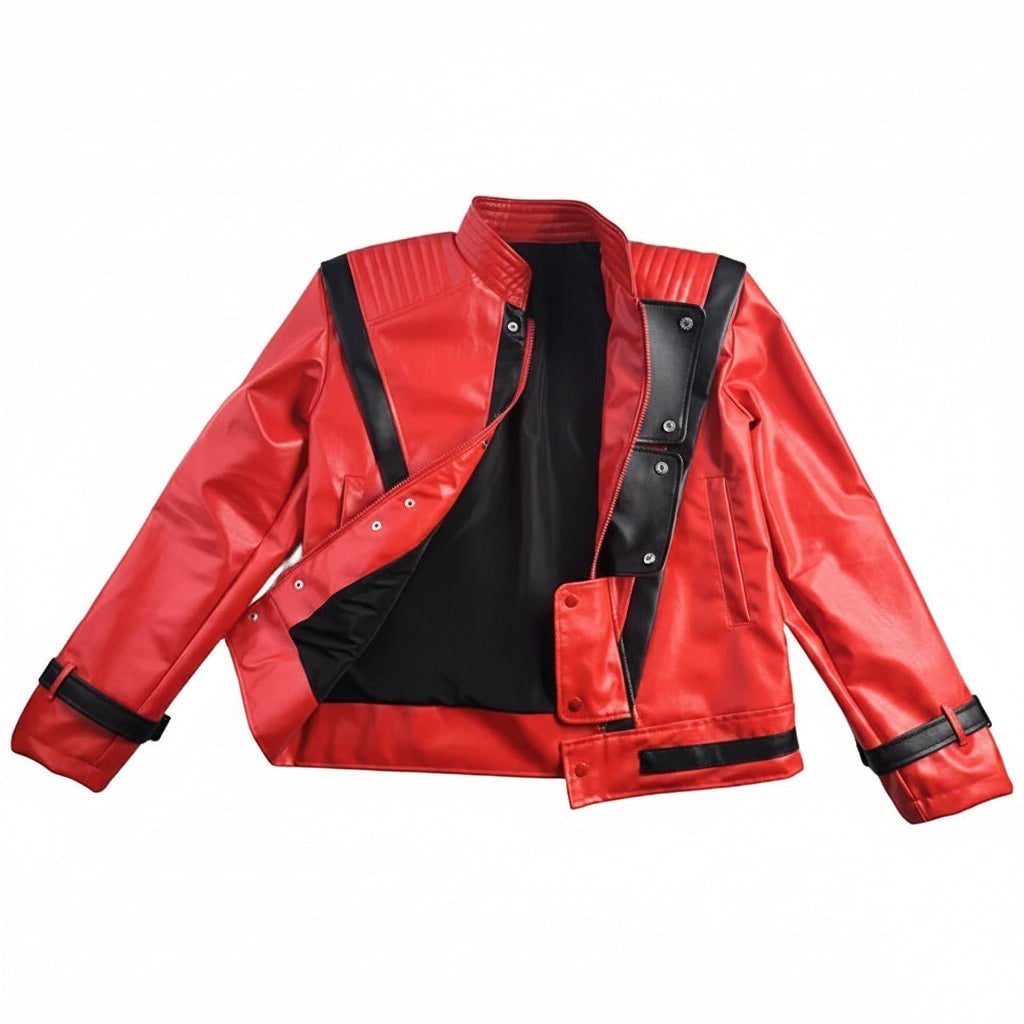 Chaqueta motera de cuero rojo, ribetes negros y detalle de V
