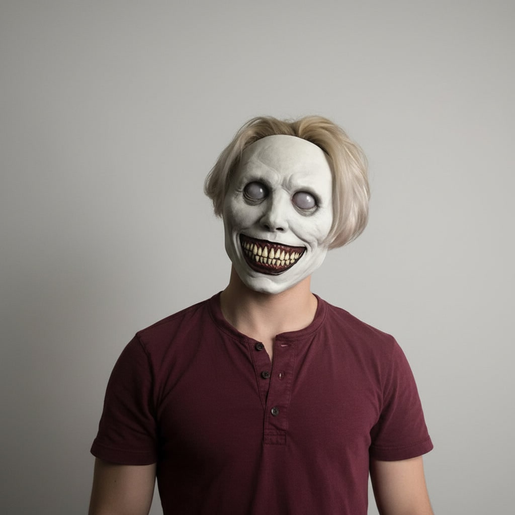 Skummel Halloween-kostymemaske - Skremmende demonansikt med smil, strukturert rynket hud
