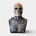 Busto de caveira de esqueleto para o Halloween, detalhe de cérebro exposto e acabamento envelhecido