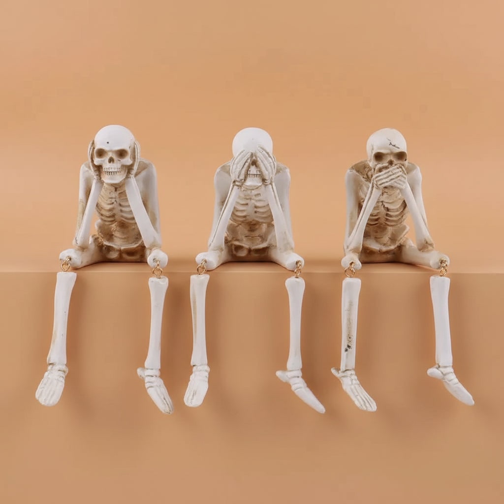 Halloween-i csontvázpolcdísz-szett, 3 darabos — lelógó lábak, hátborzongató pózok