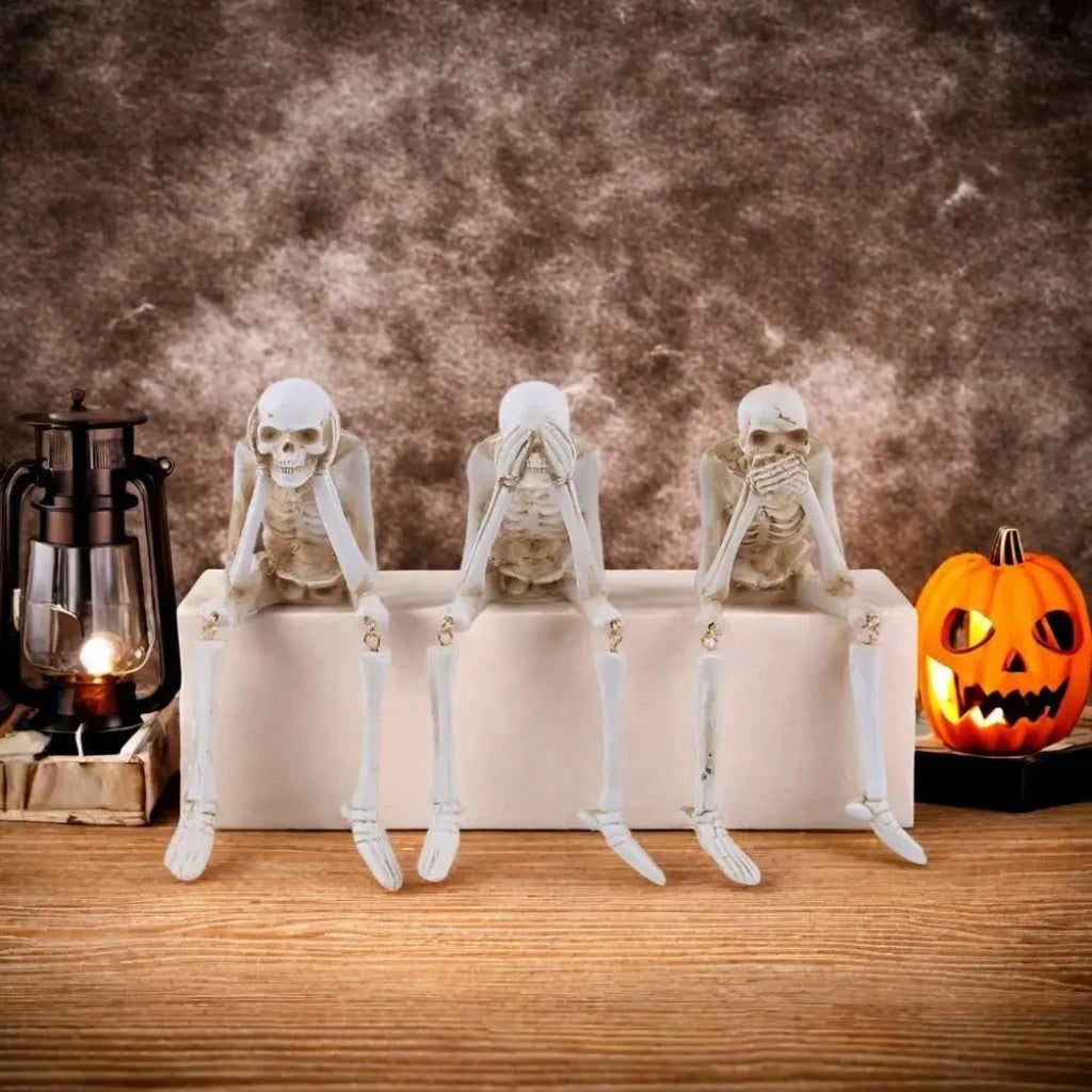 Adornos de Halloween con forma de esqueletos posables para estantería - piernas colgantes y articulaciones móviles