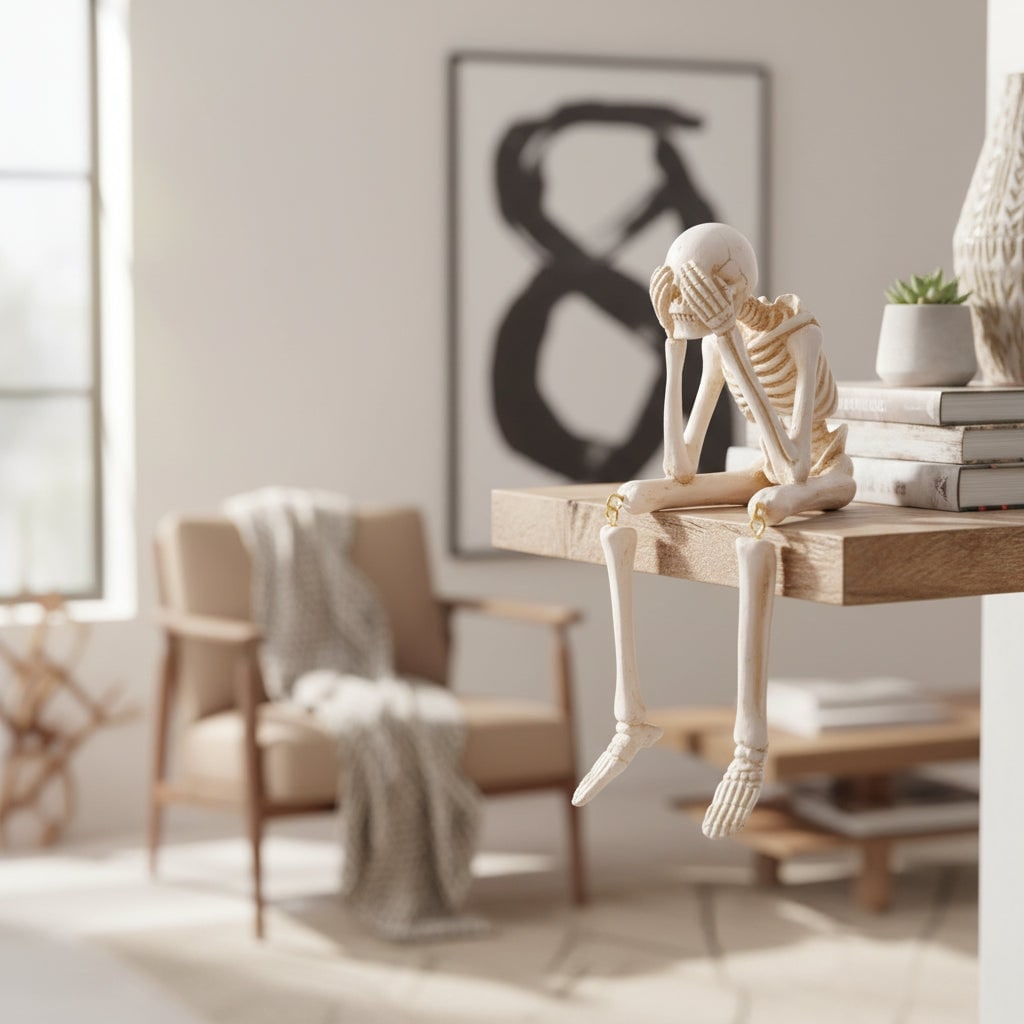 Adornos de Halloween con forma de esqueletos posables para estantería - piernas colgantes y articulaciones móviles