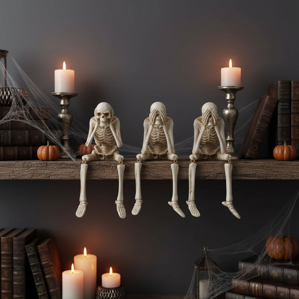Adornos de Halloween con forma de esqueletos posables para estantería - piernas colgantes y articulaciones móviles