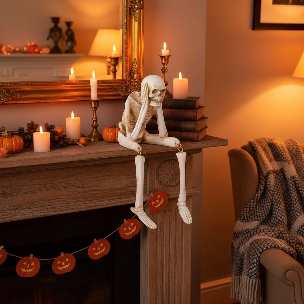 Adornos de Halloween con forma de esqueletos posables para estantería - piernas colgantes y articulaciones móviles