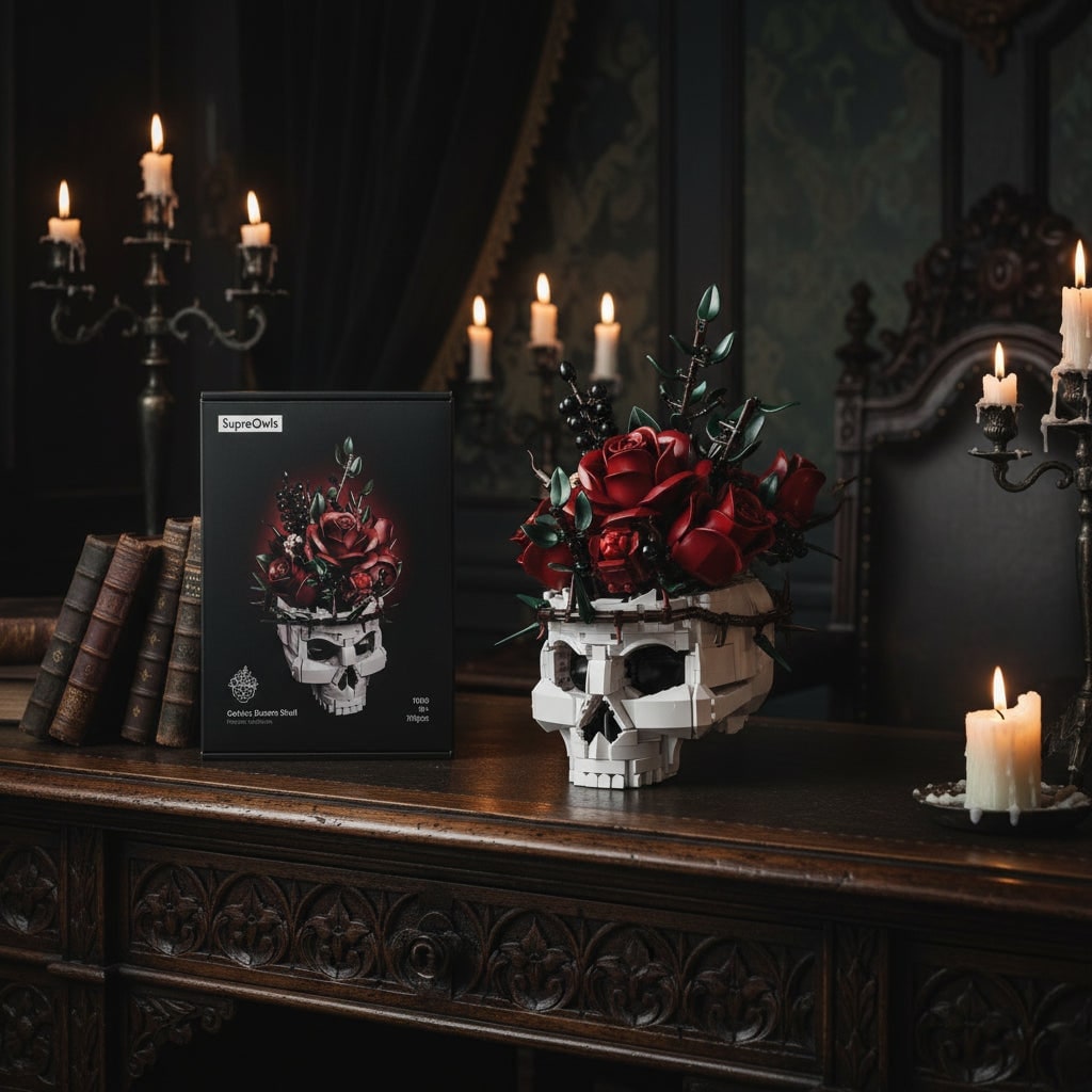 Byggsats med gotiskt Halloween-dödskallemotiv, magnetiska brickor och rosor
