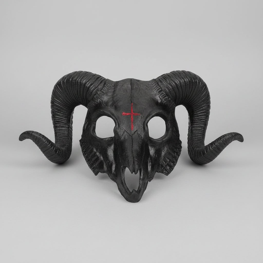 Halloween-maske med geiteskalle, horn, opp-ned-kors-emblem og detaljer med beinstruktur