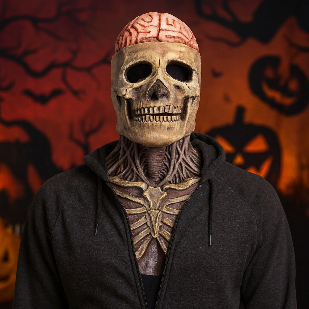 Máscara de látex de calavera para toda la cabeza con cerebro expuesto y babero de pecho esculpido