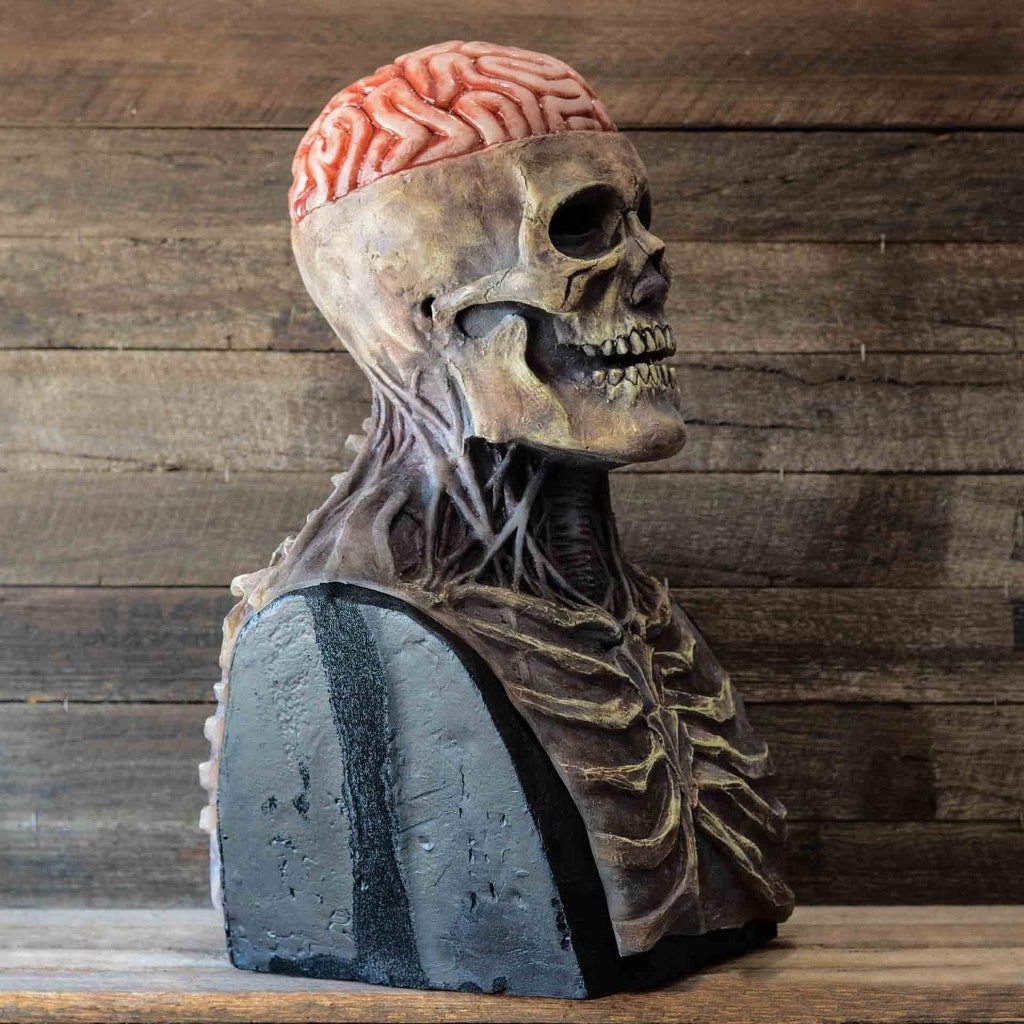 Máscara de látex de calavera para toda la cabeza con cerebro expuesto y babero de pecho esculpido