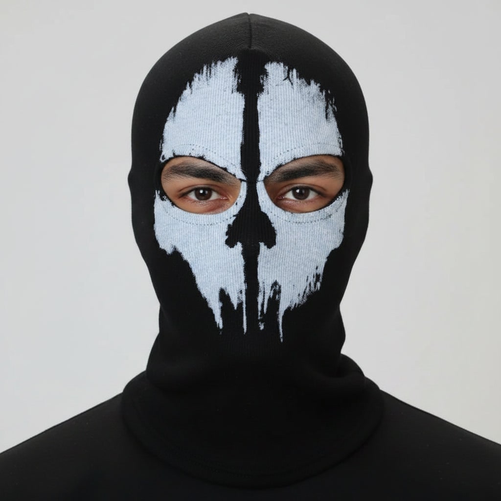 Czarna dzianinowa kominiarka zakrywająca całą twarz, maska czaszki na Halloween i zimę
