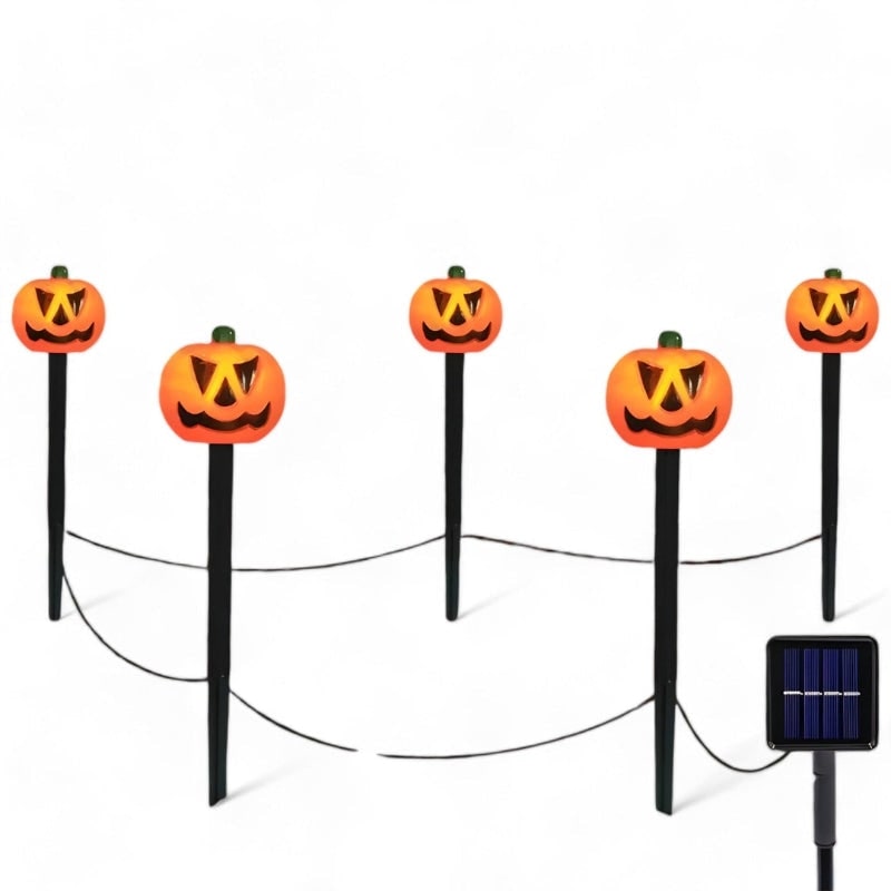 Zestaw 5 solarnych lamp w kształcie dyni Jack-o'-lantern na palikach - odporne na warunki atmosferyczne znaczniki ścieżki w kształcie dyń