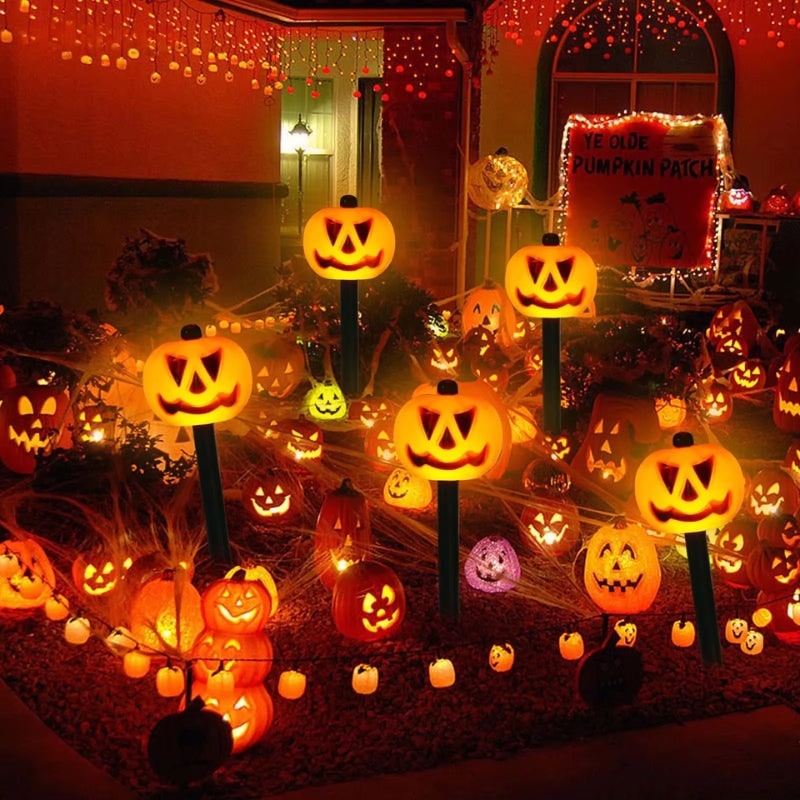 Zestaw 5 solarnych lamp w kształcie dyni Jack-o'-lantern na palikach - odporne na warunki atmosferyczne znaczniki ścieżki w kształcie dyń