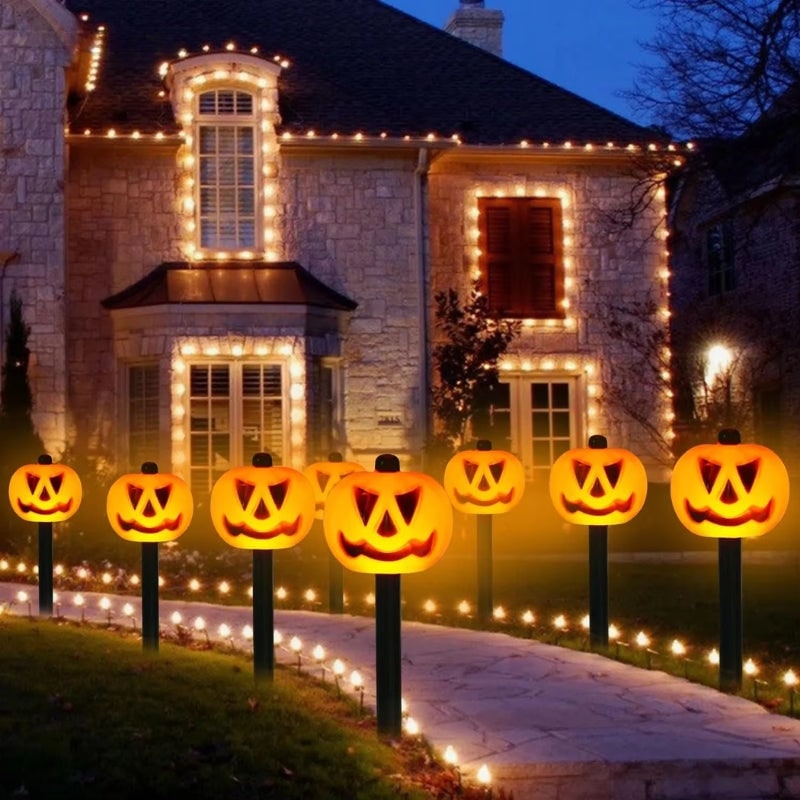 Zestaw 5 solarnych lamp w kształcie dyni Jack-o'-lantern na palikach - odporne na warunki atmosferyczne znaczniki ścieżki w kształcie dyń