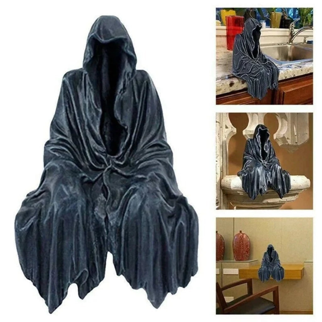 Spöklik grim reaper-figur i harts med huva, texturerad matt kåpa