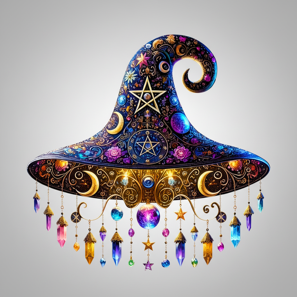 Attrape-soleil en verre teinté perlé représentant un chapeau de sorcière d’Halloween - perles en cristal pendantes et croissant de lune