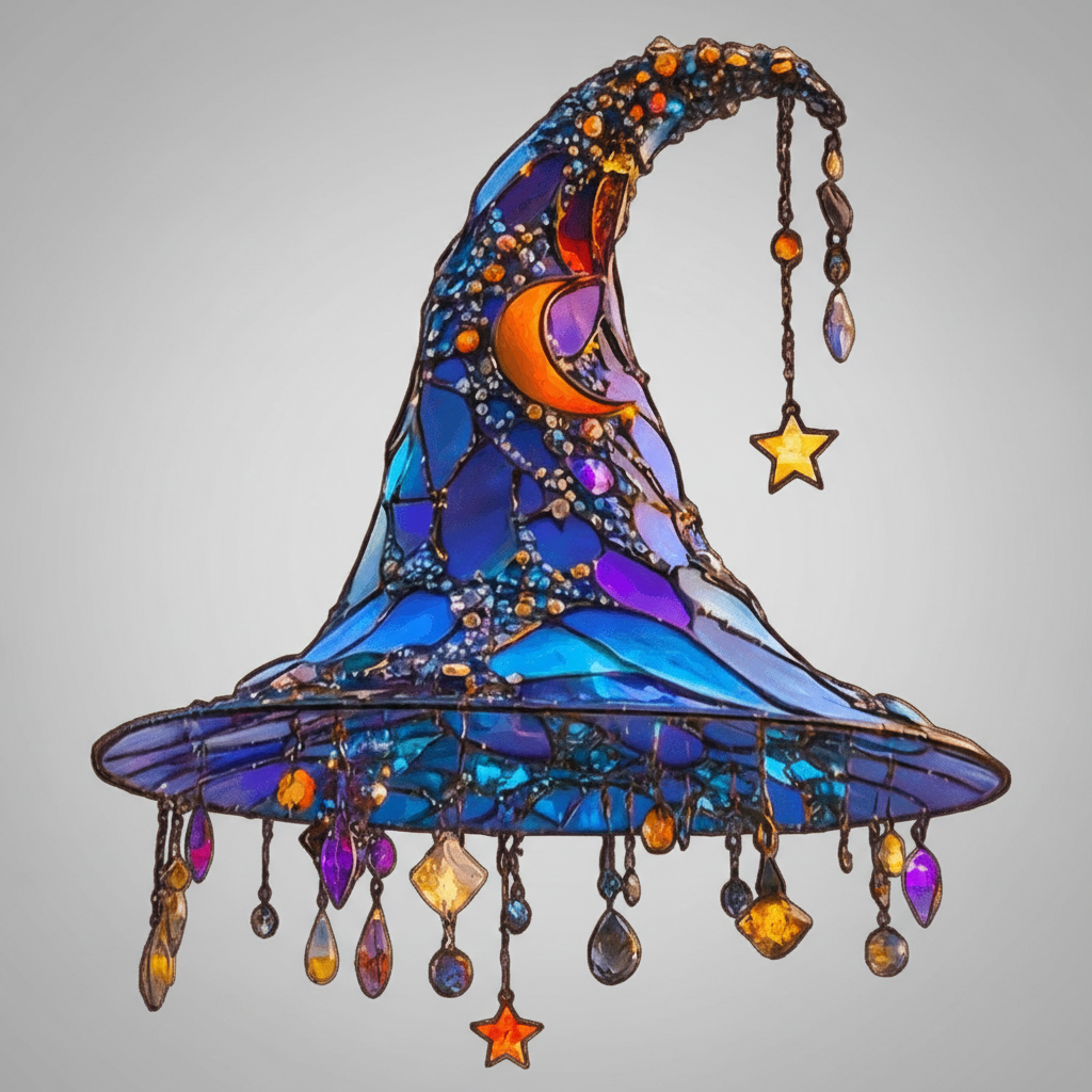 Attrape-soleil en verre teinté perlé représentant un chapeau de sorcière d’Halloween - perles en cristal pendantes et croissant de lune