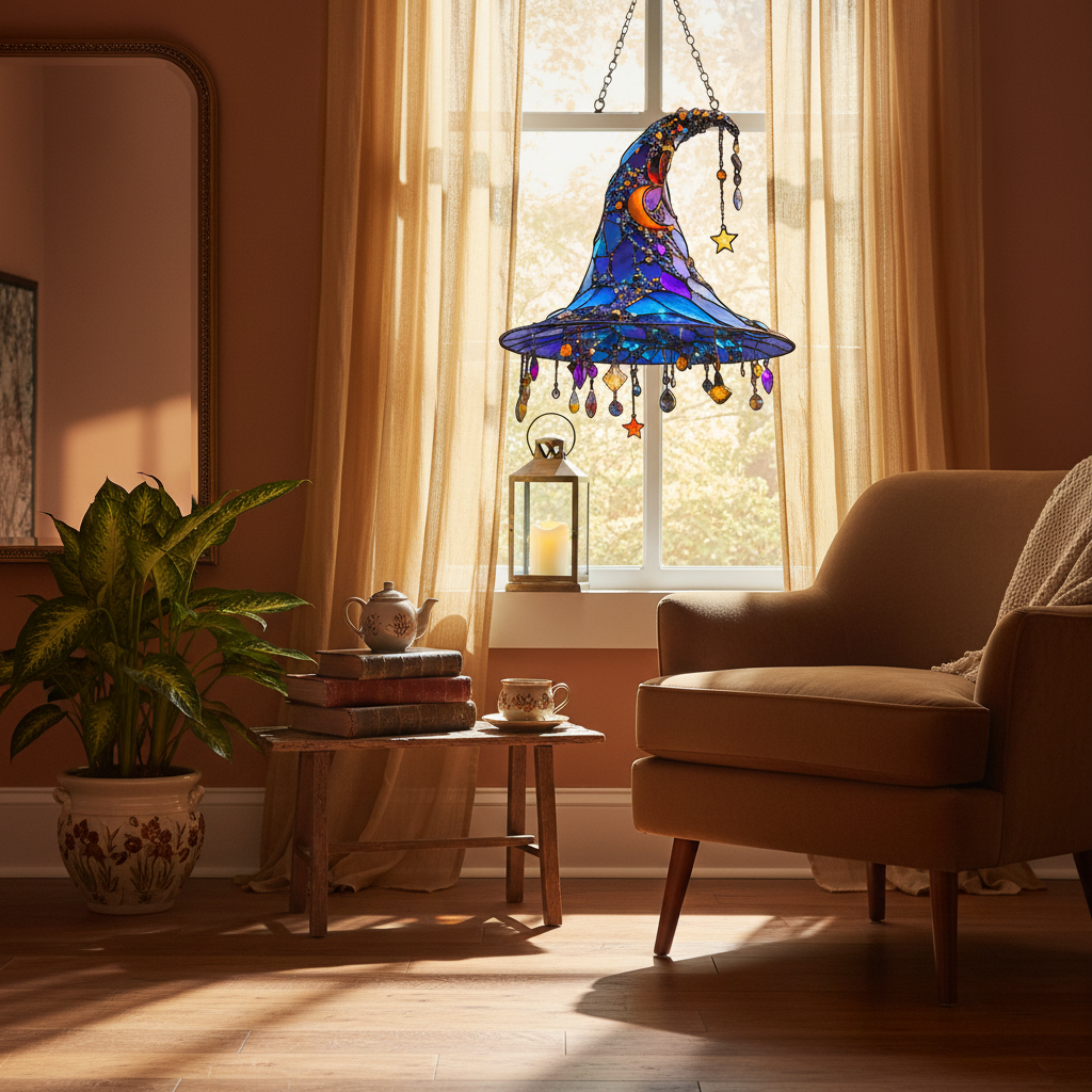Attrape-soleil en verre teinté perlé représentant un chapeau de sorcière d’Halloween - perles en cristal pendantes et croissant de lune