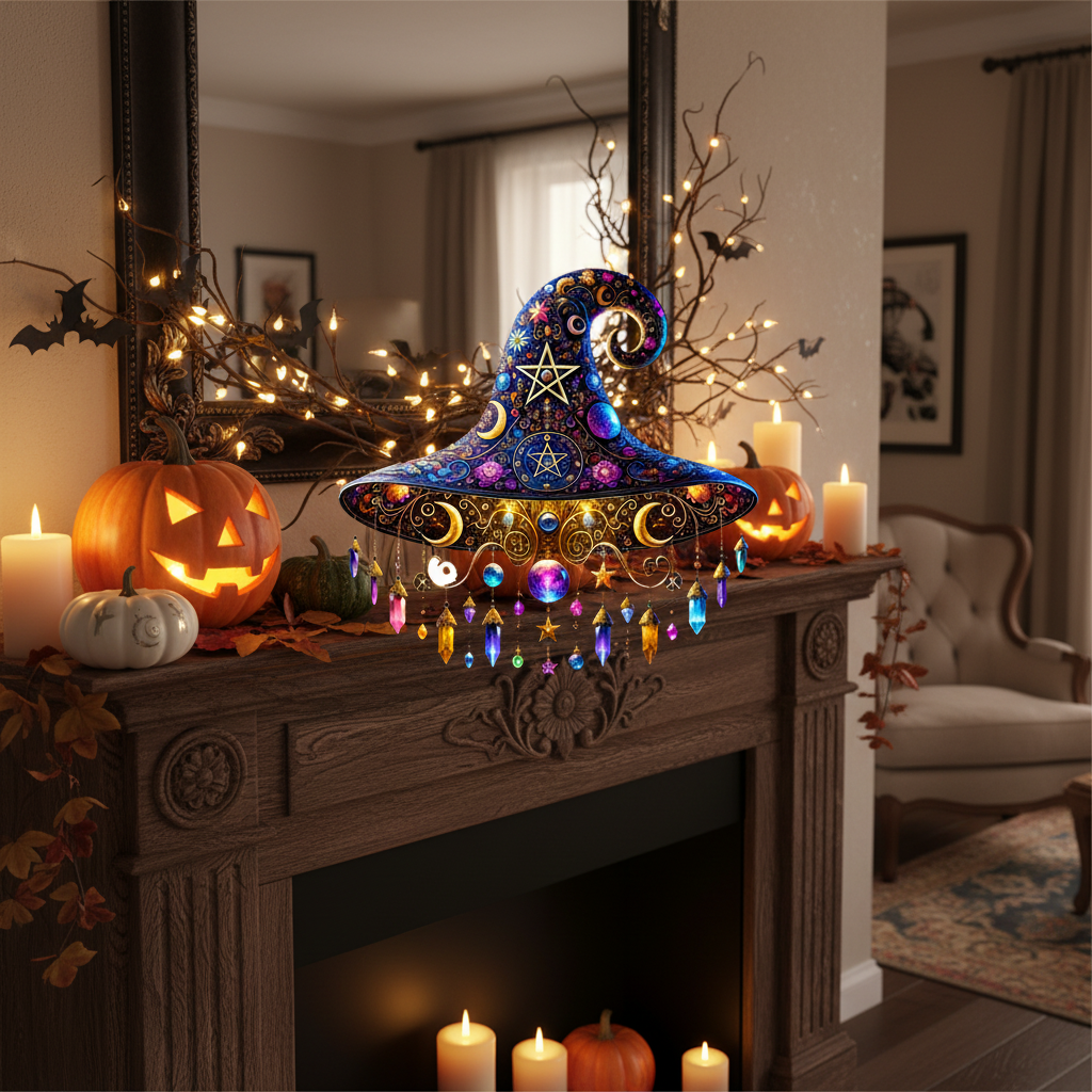Attrape-soleil en verre teinté perlé représentant un chapeau de sorcière d’Halloween - perles en cristal pendantes et croissant de lune