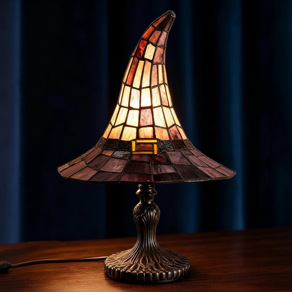 Lampa stołowa z witrażowym kloszem w stylu Tiffany'ego — abażur w kształcie kapelusza wiedźmy na Halloween
