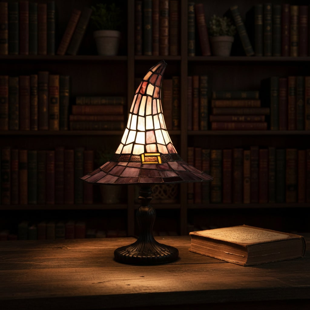 Lampa stołowa z witrażowym kloszem w stylu Tiffany'ego — abażur w kształcie kapelusza wiedźmy na Halloween