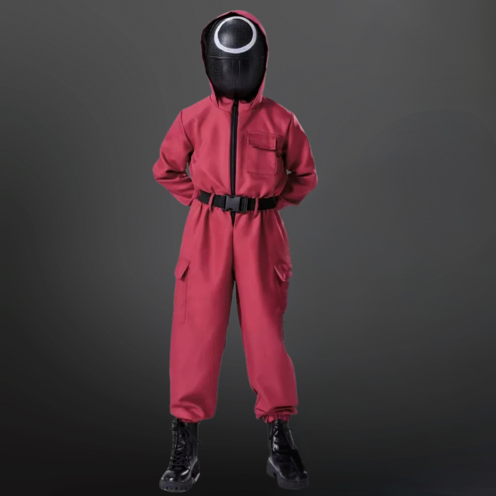 Ensemble de costume Squid Game de Halloween — combinaison rouge, masque, pistolet-jouet