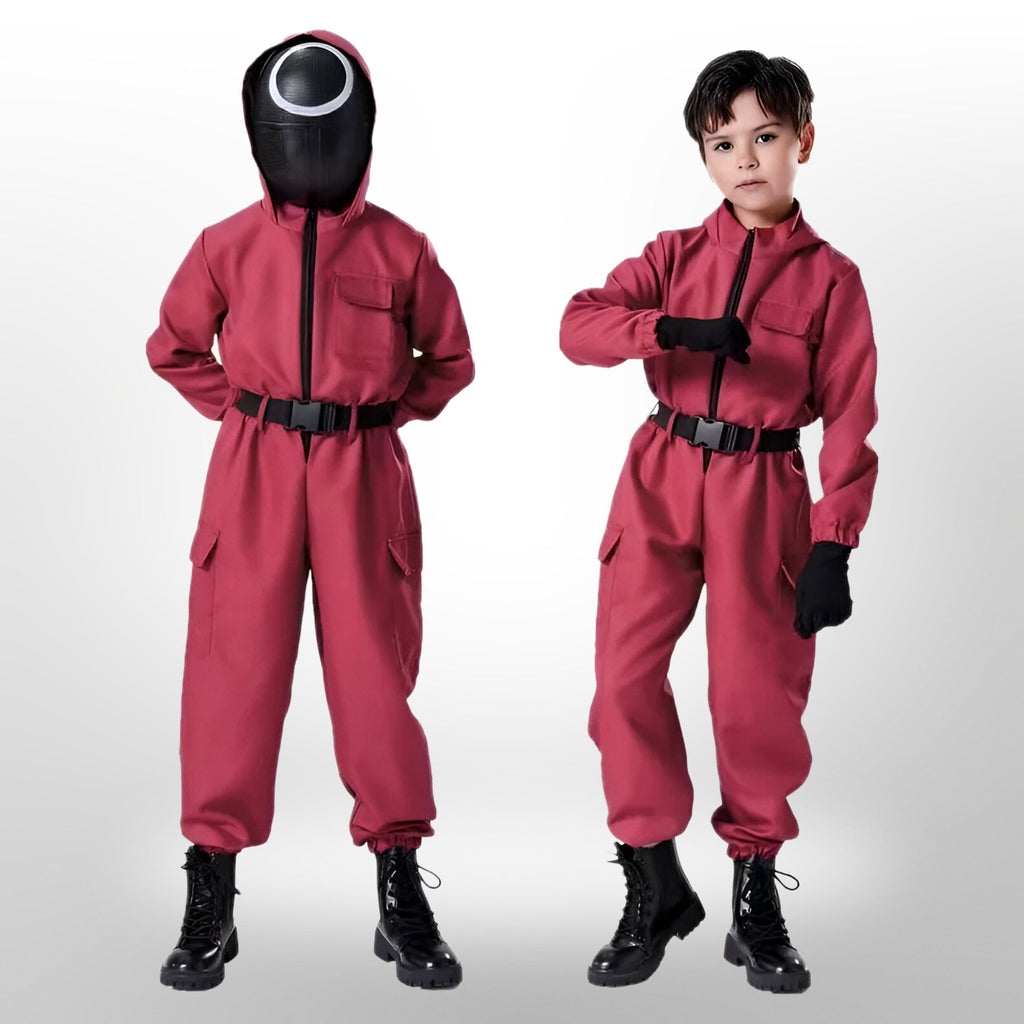 Ensemble de costume Squid Game de Halloween — combinaison rouge, masque, pistolet-jouet
