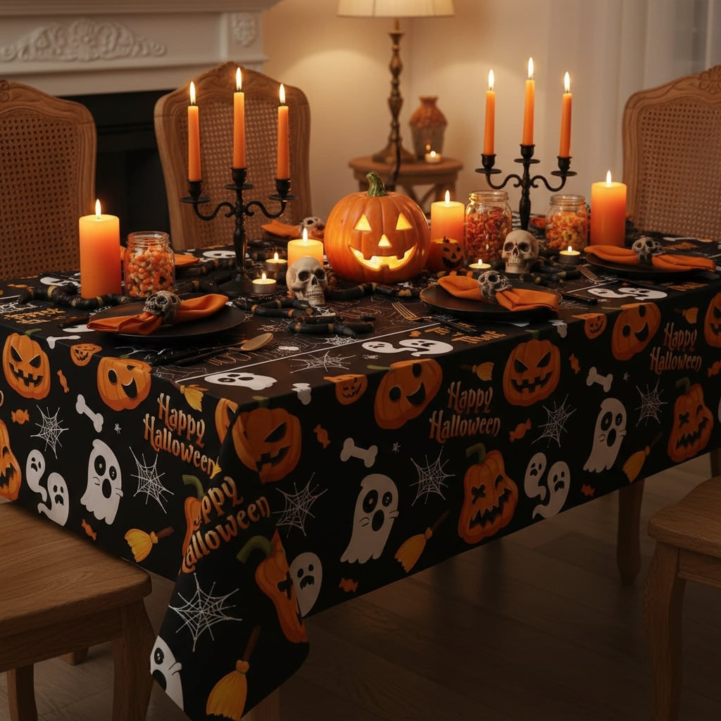 Eldobható műanyag halloween-asztalterítő tök-, szellem- és pókhálómintával
