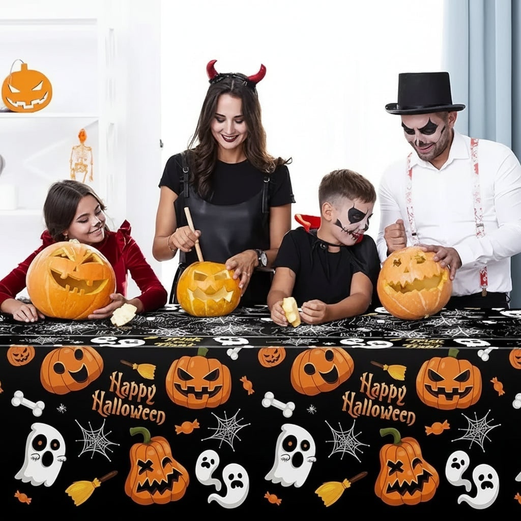Eldobható műanyag halloween-asztalterítő tök-, szellem- és pókhálómintával