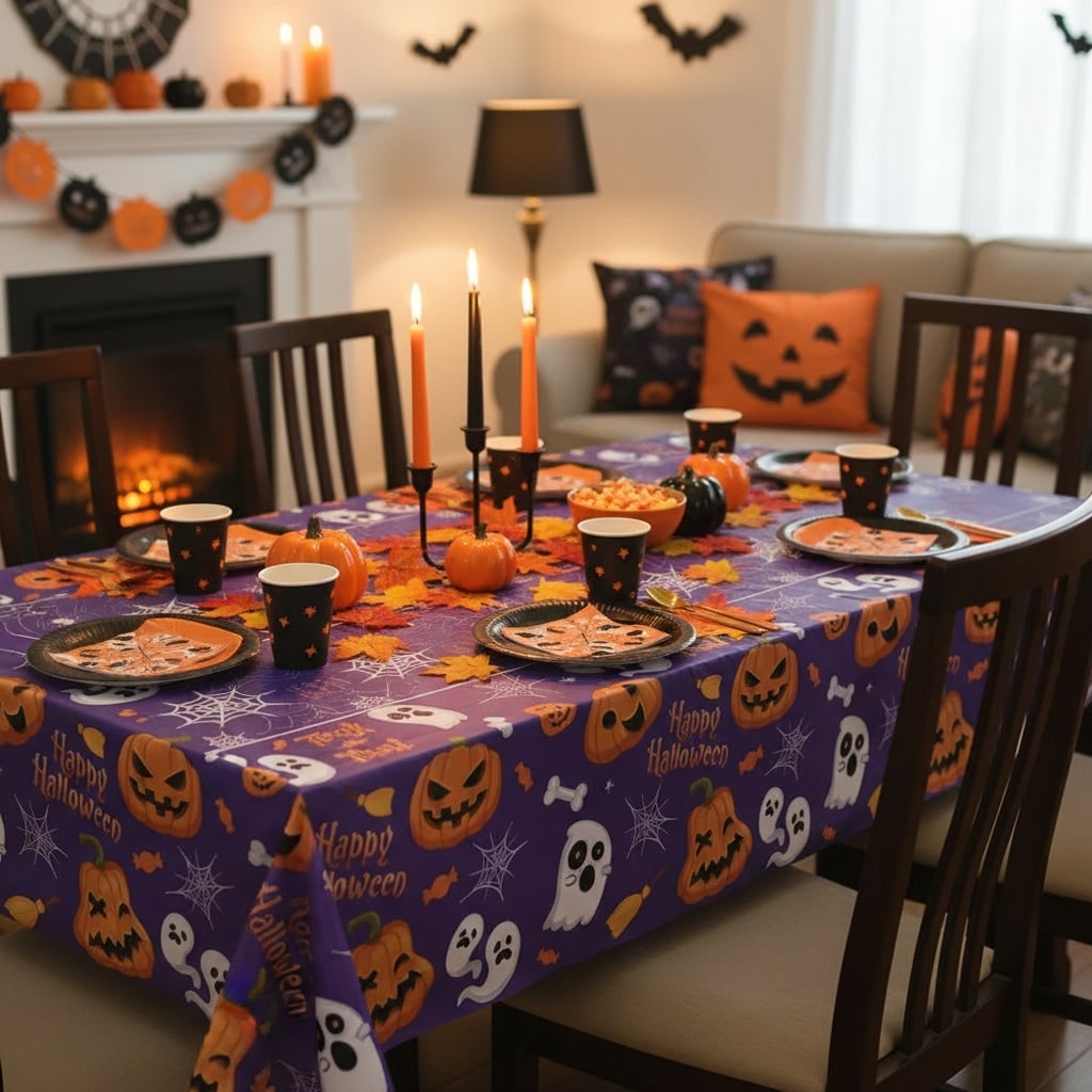 Eldobható műanyag halloween-asztalterítő tök-, szellem- és pókhálómintával