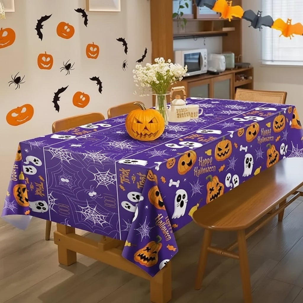 Eldobható műanyag halloween-asztalterítő tök-, szellem- és pókhálómintával