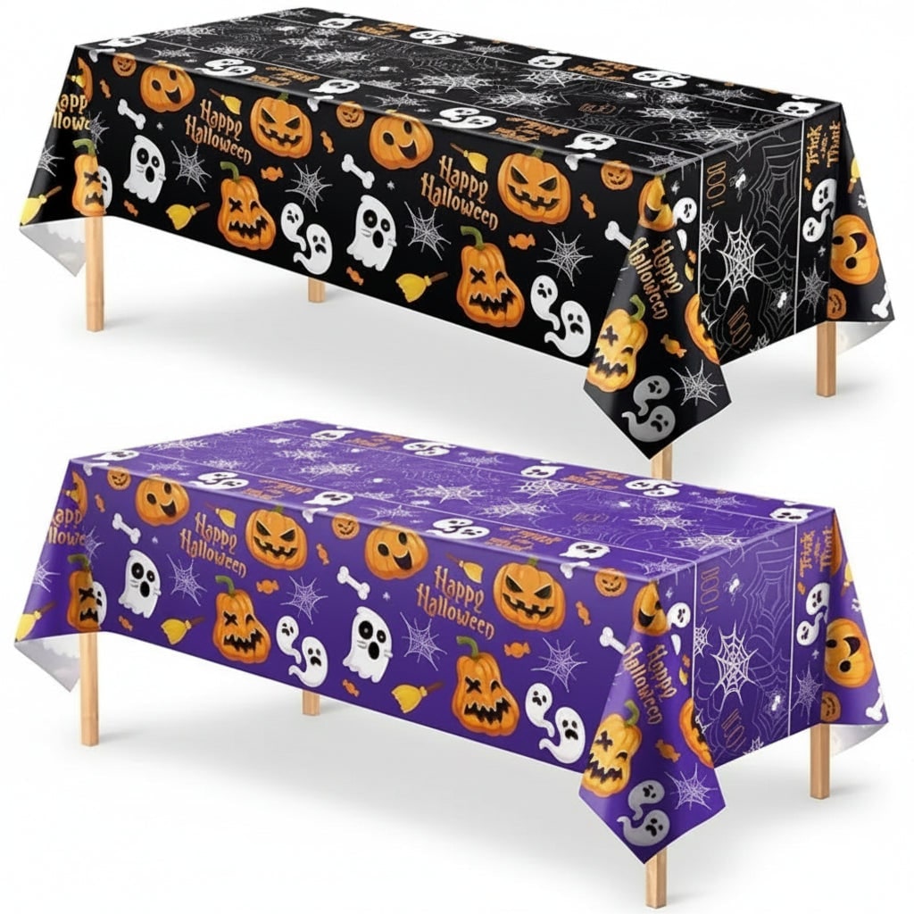 Eldobható műanyag halloween-asztalterítő tök-, szellem- és pókhálómintával