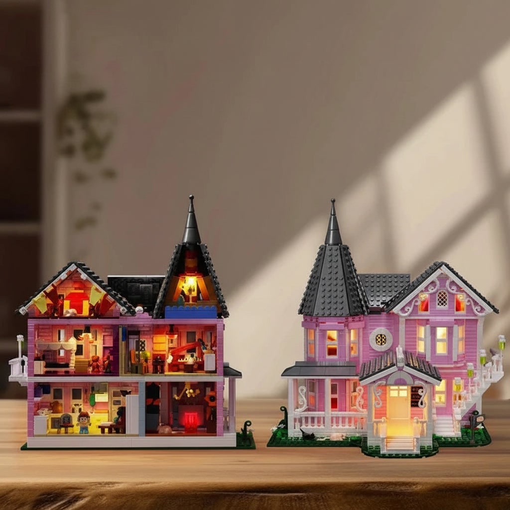 Bausatz für ein winziges Haus mit 1.349 Bauteilen – rosa viktorianische Villa mit LED-Beleuchtung