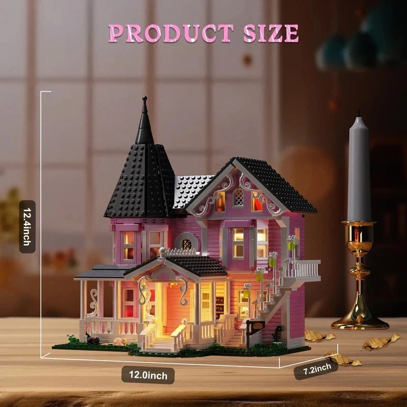 Bausatz für ein winziges Haus mit 1.349 Bauteilen – rosa viktorianische Villa mit LED-Beleuchtung