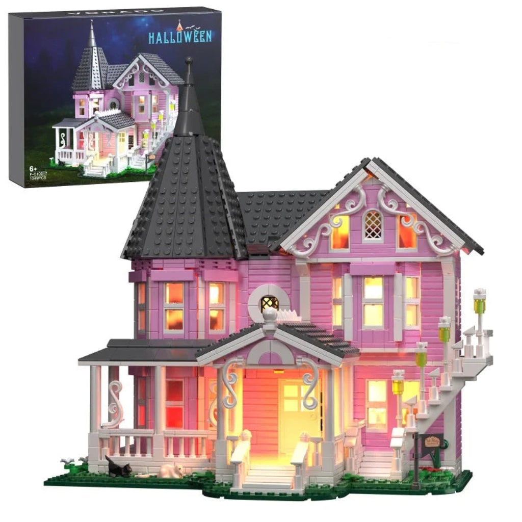 Bausatz für ein winziges Haus mit 1.349 Bauteilen – rosa viktorianische Villa mit LED-Beleuchtung