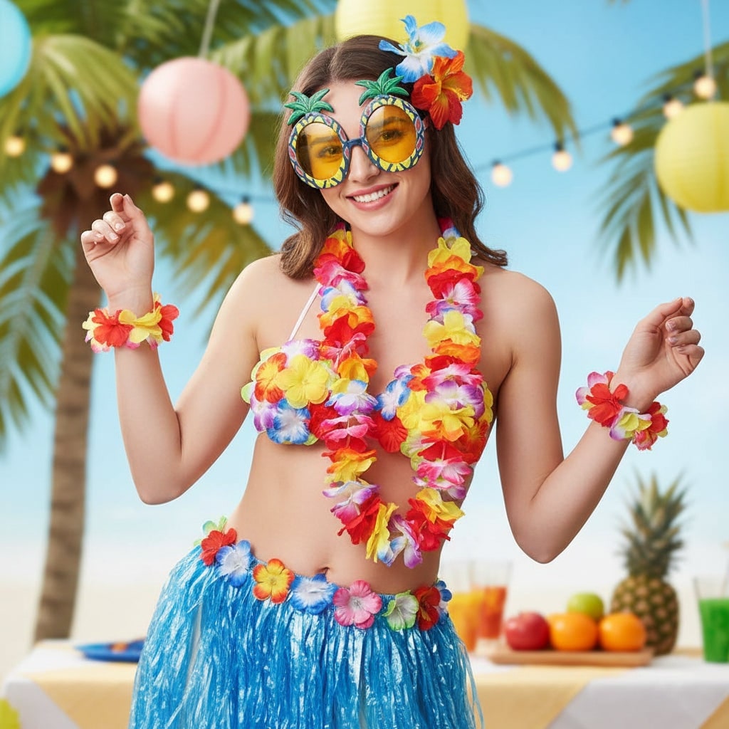 Set de costum asortat în două piese pentru Halloween, în stil hula hawaiian - top floral, fustă din iarbă, lei
